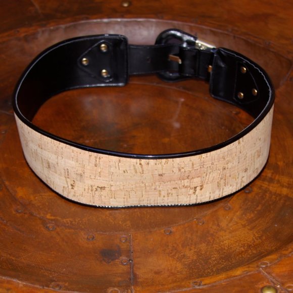 CARLISLE Designer Cork Black Patent Leather Wide Belt Gold Accents Small - Picture 3 of 7